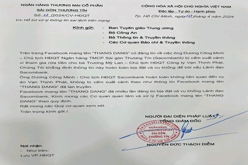 Sacombank bác bỏ thông tin bịa đặt trên MXH Facebook có tên 